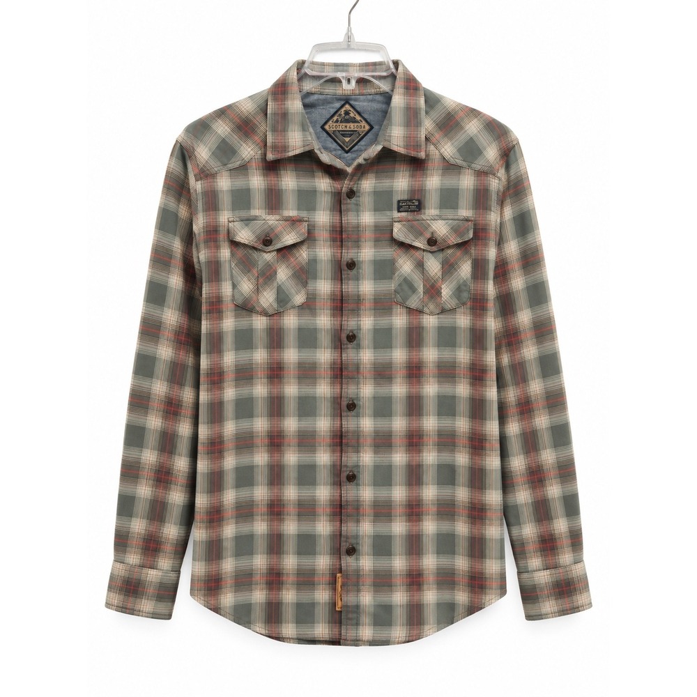 Scotch & Soda Mens Large Green Red Plaid Flannel Shirt 100% Cotton Button Down
